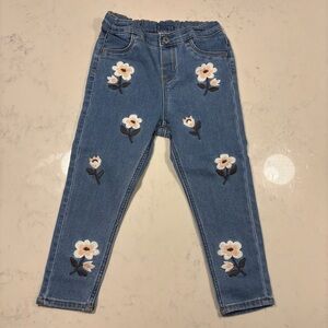 H&M Blue Denim Jeans with White & Light Pink Floral Embroidery